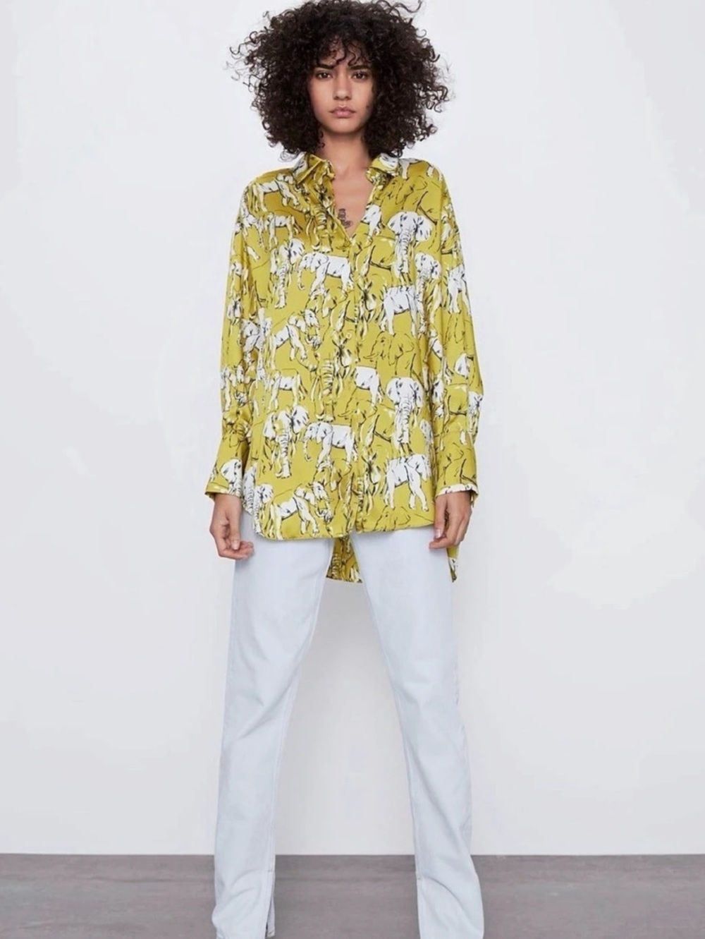 Oversized Zara Elephant Print Button Down Shirt in Yellow & White